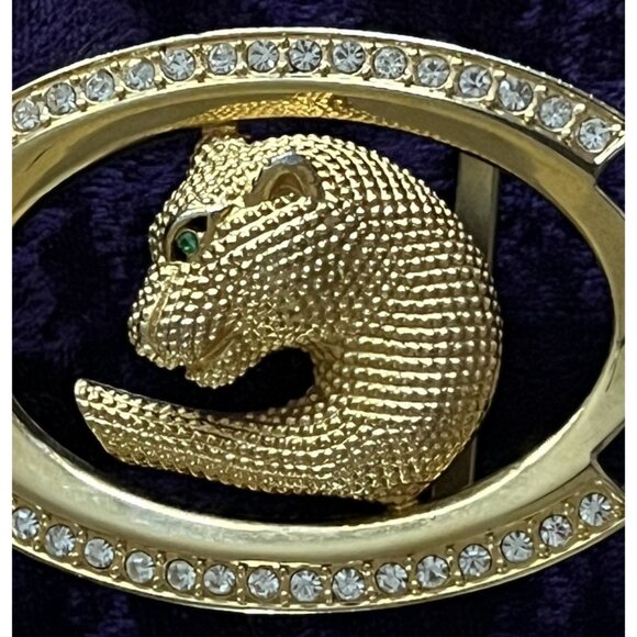 Rare Leopard Jaguar Wildcat Panther Belt Buckle Gold Tone Rhinestones Green Eye main image 5